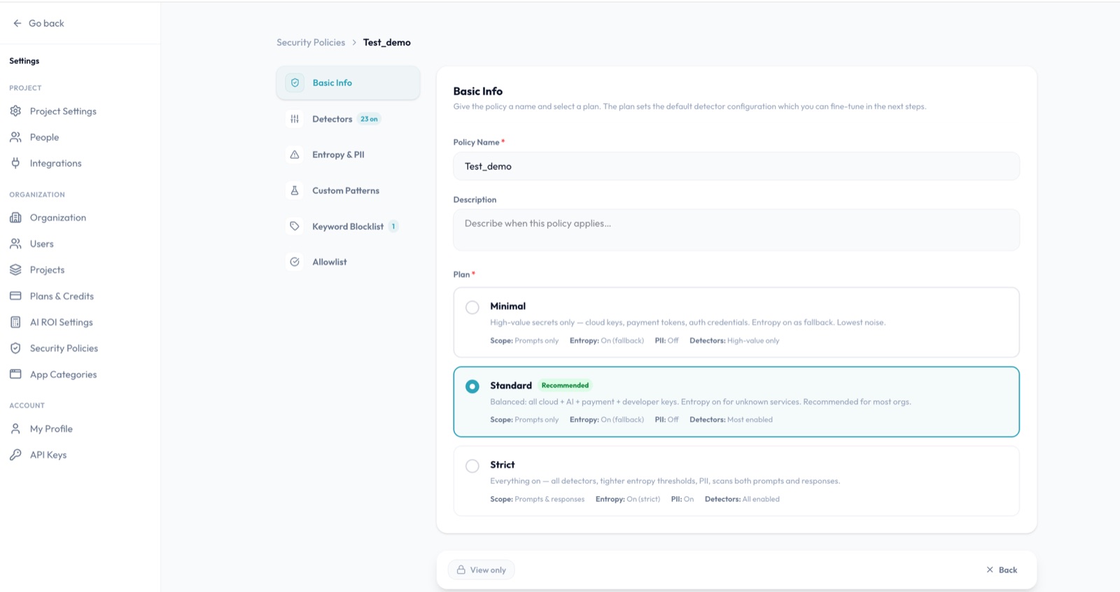 CloudByte PMS security policy configuration showing detector plans — Minimal, Standard, and Strict — with per-plan scope, entropy, PII, and detector settings