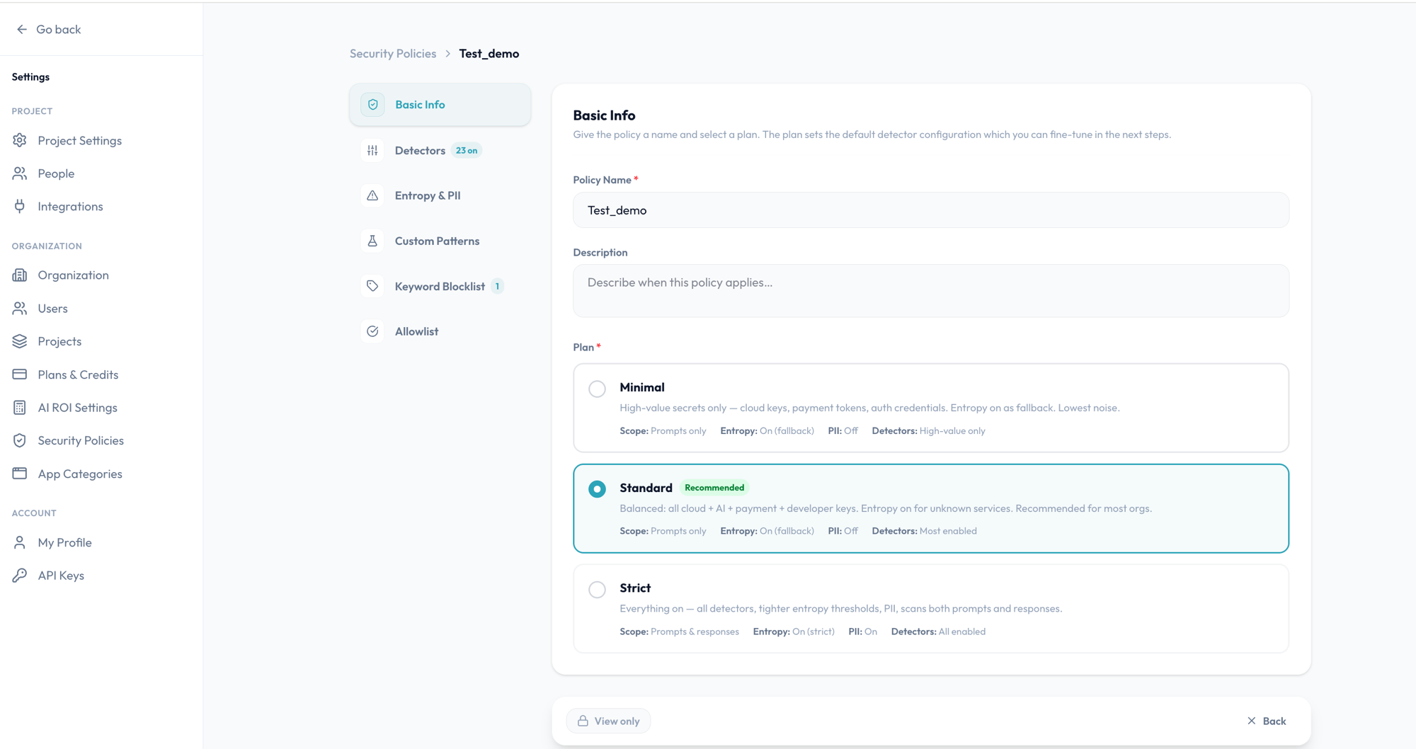 CloudByte PMS security policy configuration showing detector plans — Minimal, Standard, and Strict — with per-plan scope, entropy, PII, and detector settings