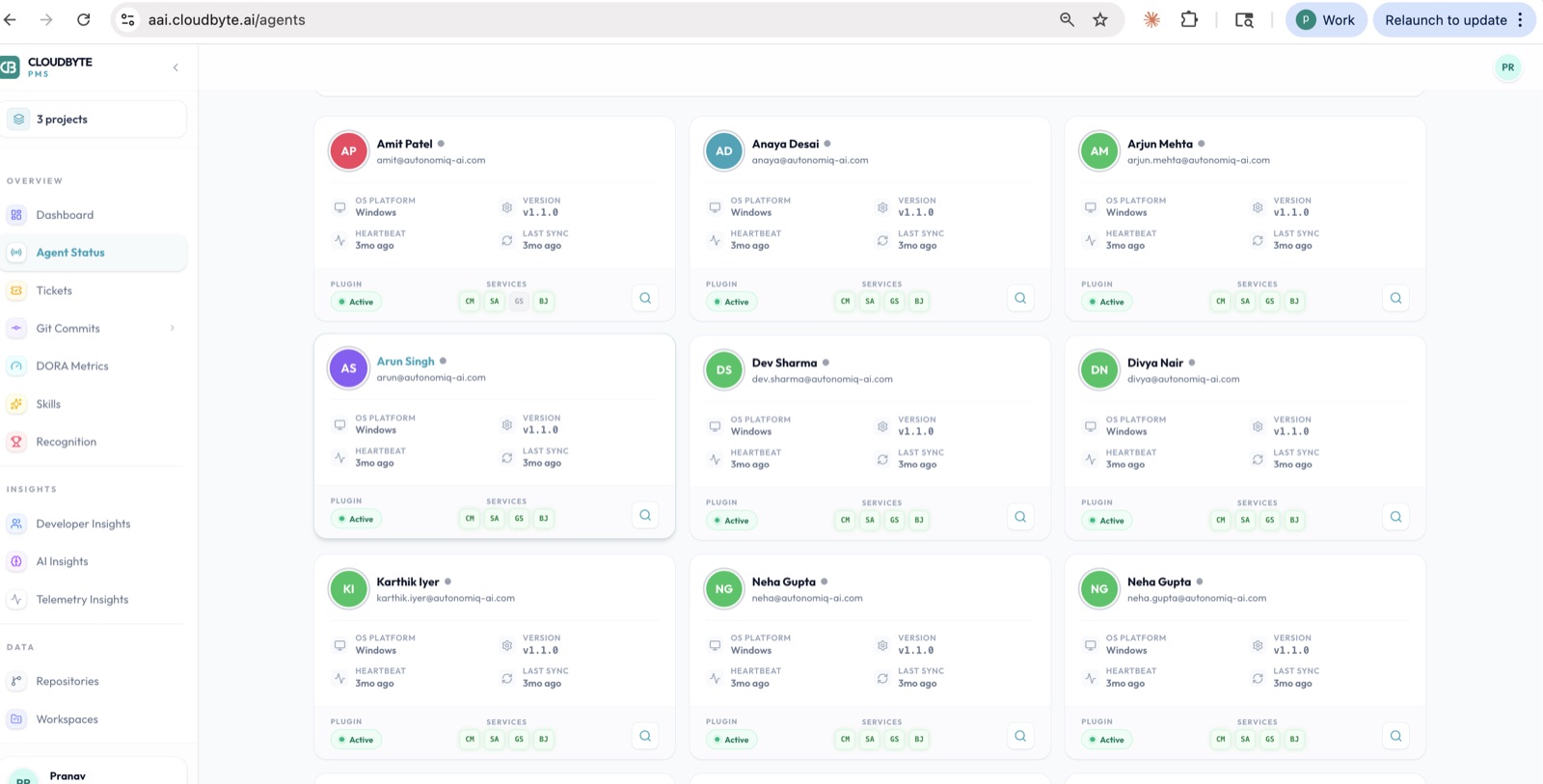 Real-time agent monitoring showing active, stale, and offline seats with heartbeat and last-sync times