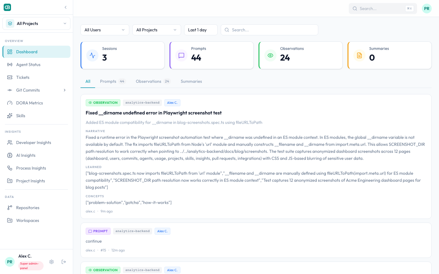 Dashboard overview showing stat cards for sessions, prompts, observations across the team
