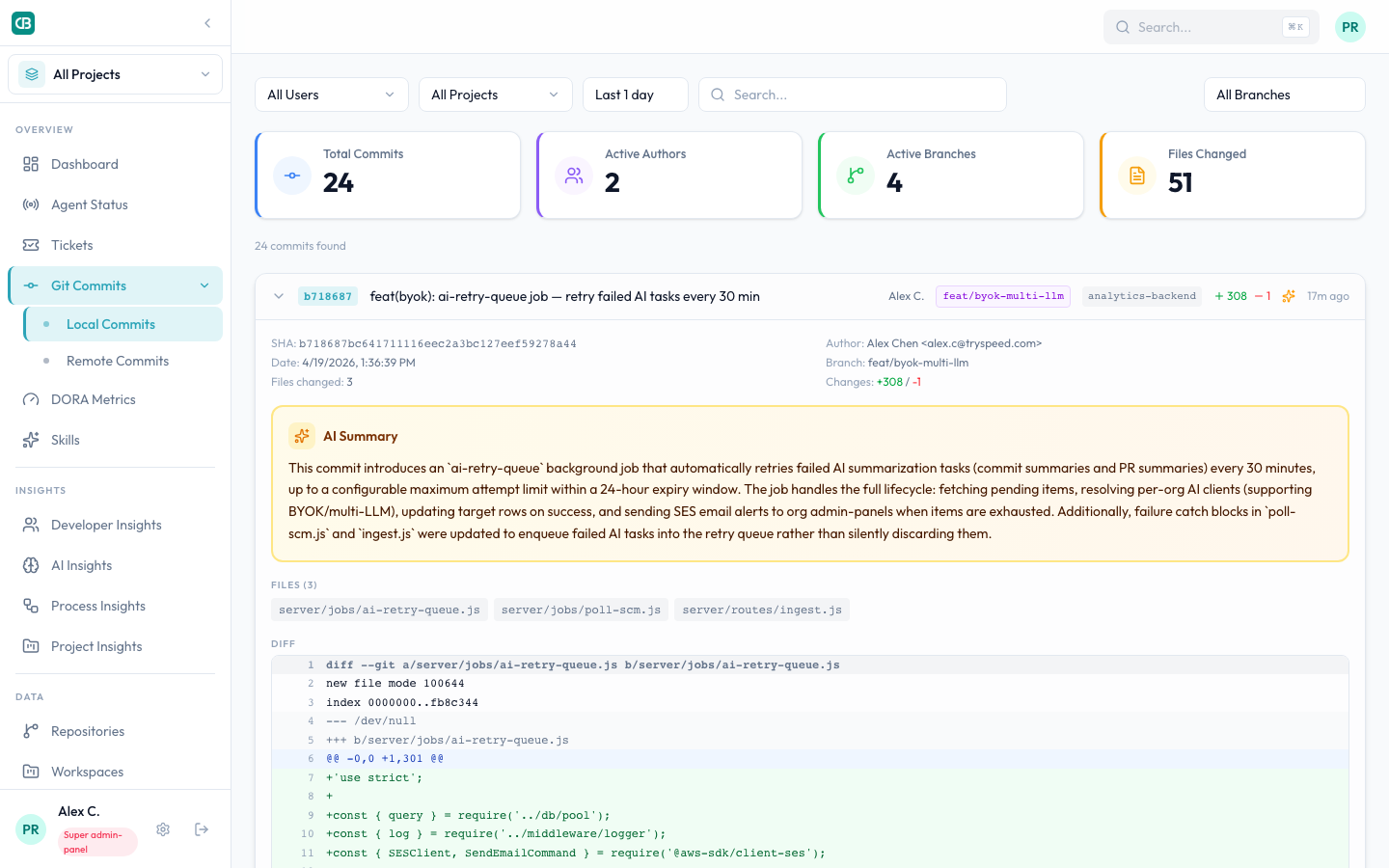 Expanded commit showing AI summary with syntax-highlighted diff viewer