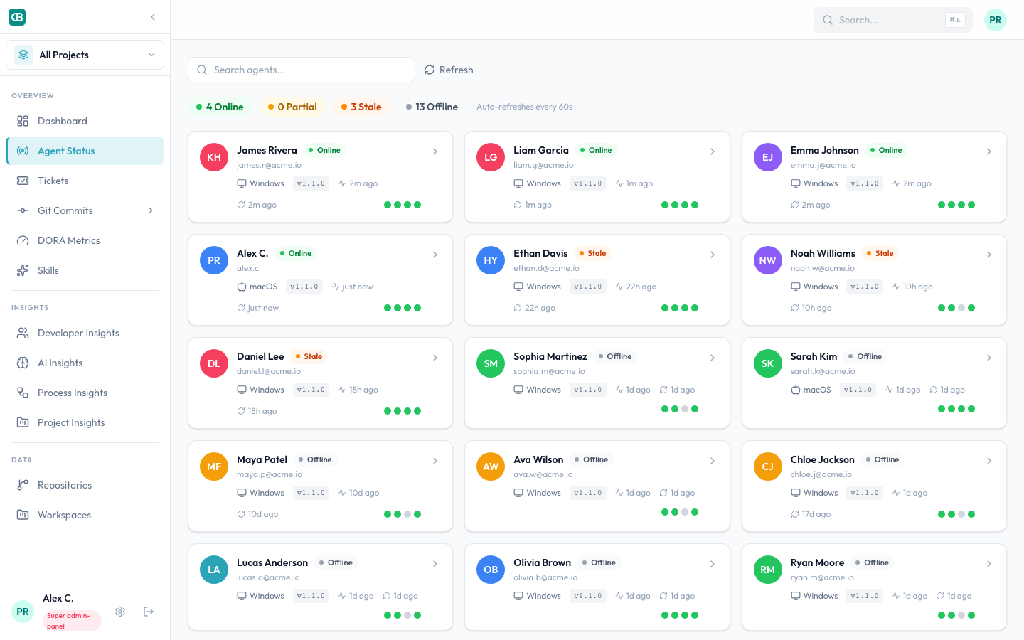 Agent health dashboard showing green, stale, and offline status indicators per developer