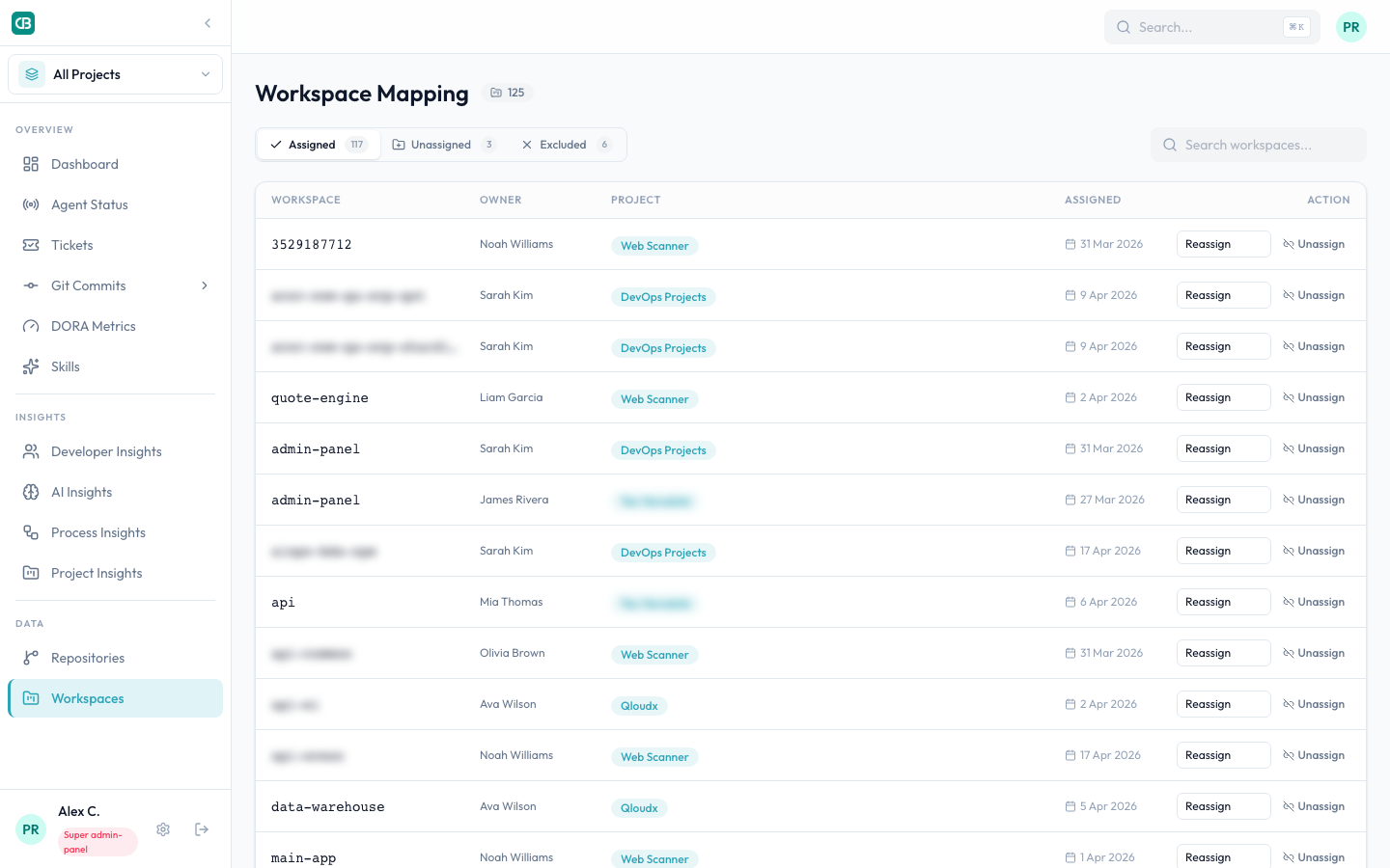 Projects workspace mapping showing project-level classification